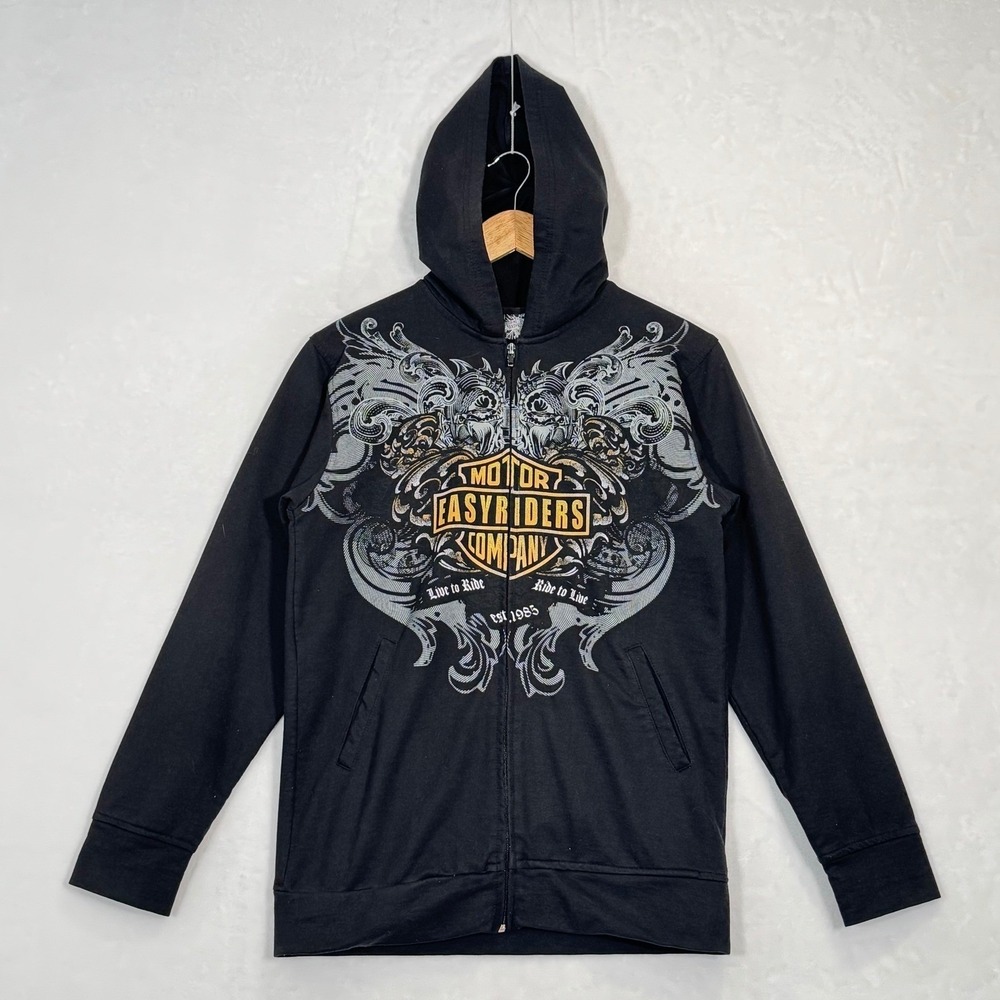 Y2K Biker Motor Easyriders Company Black Graphic Zip Up Hoodie Medium